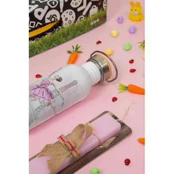 Ballerina in Paris, Easter Set, SS Metallic water bottle (620ml, stainless steel) & scented flat Easter candle (30cm) (PINK)