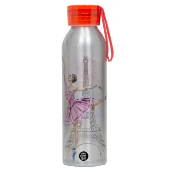 Ballerina in Paris, Αλουμινένιο Αθλητικό Μπουκάλι 650ml – Ασημί με Κόκκινο Καπάκι και Λουράκι Σιλικόνης