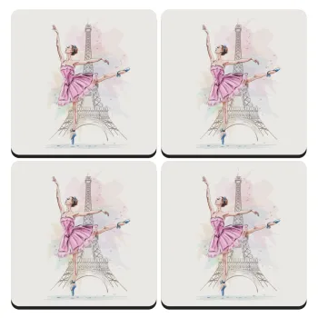 Ballerina in Paris, ΣΕΤ 4 Σουβέρ ξύλινα τετράγωνα (9cm)