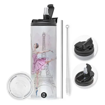 Ballerina in Paris, Travel Tumbler 2 Lids, with metal straw & cleaning brush (Stainless steel 304 Food grade, BPA free, 600ml)