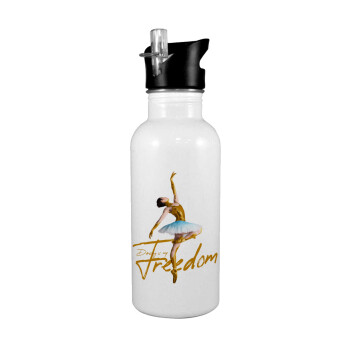 Gold Dancer, White water bottle with straw, stainless steel 600ml