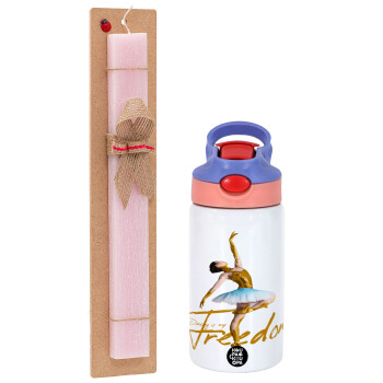 Gold Dancer, Easter Set, Children's thermal stainless steel water bottle with safety straw, pink/purple (350ml) & Easter scented flat candle (30cm) (PINK)