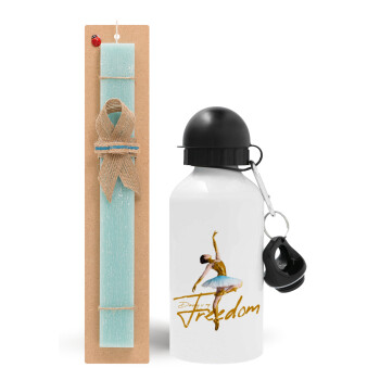 Gold Dancer, Easter Set, metallic aluminum water bottle (500ml) & scented flat candle (30cm) (TURQUOISE)
