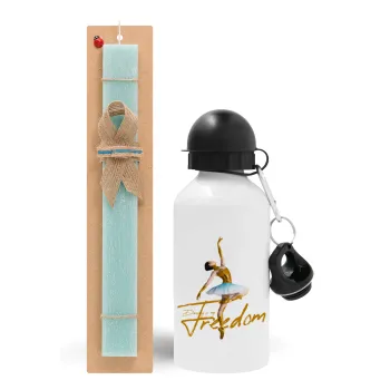 Gold Dancer, Easter Set, metallic aluminum water bottle (500ml) & scented flat candle (30cm) (TURQUOISE)