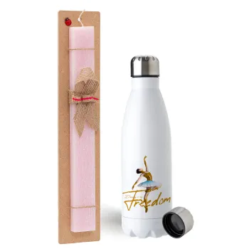 Gold Dancer, Easter Set, metallic stainless steel water bottle (750ml) & scented flat Easter candle (30cm) (PINK)