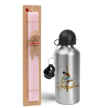 Gold Dancer, Easter Set, metallic Silver aluminum water bottle (500ml) & scented flat Easter candle (30cm) (PINK)