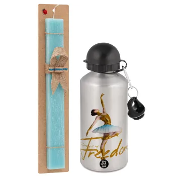Gold Dancer, Easter Set, metallic silver aluminum water bottle (500ml) & scented flat Easter candle (30cm) (TURQUOISE)