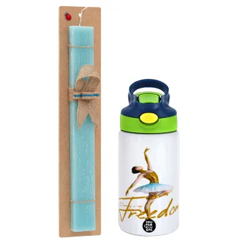 Gold Dancer, Easter Set, Children's thermal stainless steel bottle with safety straw, green/blue (350ml) & aromatic flat Easter candle (30cm) (TURQUOISE)