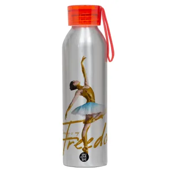 Gold Dancer, Αλουμινένιο Αθλητικό Μπουκάλι 650ml – Ασημί με Κόκκινο Καπάκι και Λουράκι Σιλικόνης