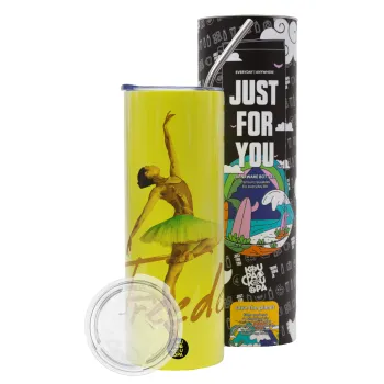 Gold Dancer, Neon Yellow Travel Tumbler θερμό, μεταλλικό καλαμάκι(Ανωξείδωτο 304 Food grade, BPA free, 600ml)