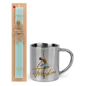 Gold Dancer, Easter Set, metallic thermal cup (300ml) & aromatic flat Easter candle (30cm) (TURQUOISE)