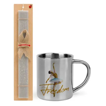 Gold Dancer, Easter Set, metallic thermal cup (300ml) & Easter aromatic flat candle (30cm) (GRAY)