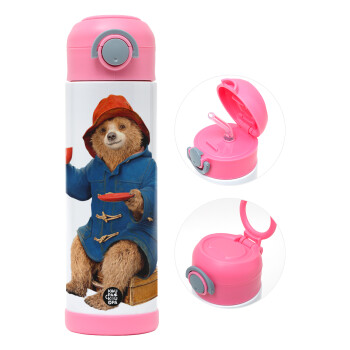 Αρκουδάκι Πάντινγκτον, Παιδικό παγούρι θερμό, ανοξείδωτο, με καλαμάκι ασφαλείας, ΡΟΖ (500ml)