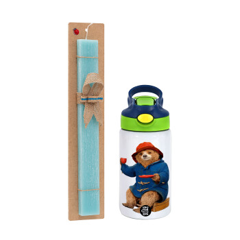 Αρκουδάκι Πάντινγκτον, Easter Set, Children's thermal stainless steel bottle with safety straw, green/blue (350ml) & aromatic flat Easter candle (30cm) (TURQUOISE)