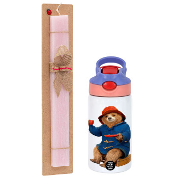 Αρκουδάκι Πάντινγκτον, Πασχαλινό Σετ, Παιδικό παγούρι θερμό, ανοξείδωτο, με καλαμάκι ασφαλείας, ροζ/μωβ (350ml) & πασχαλινή λαμπάδα αρωματική πλακέ (30cm) (ΡΟΖ)