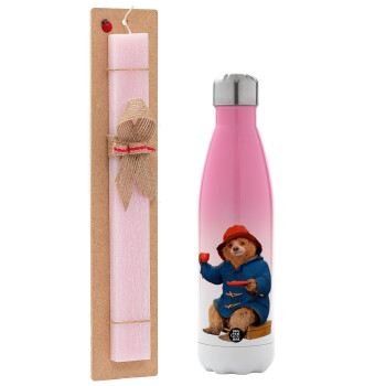 Αρκουδάκι Πάντινγκτον, Easter Set, Metallic pink/white (Stainless steel) thermos, double-walled, 500ml & aromatic flat Easter candle (30cm) (PINK)