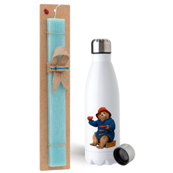 Αρκουδάκι Πάντινγκτον, Easter Set, metallic stainless steel water bottle (750ml) & aromatic flat Easter candle (30cm) (TURQUOISE)