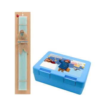 Αρκουδάκι Πάντινγκτον, Πασχαλινή Λαμπάδα με παιδικό δοχείο κολατσιού ΓΑΛΑΖΙΟ & κερί αρωματικό πλακέ (30cm) (ΤΙΡΚΟΥΑΖ)