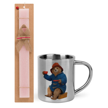 Αρκουδάκι Πάντινγκτον, Easter Set, metallic thermal cup (300ml) & aromatic flat Easter candle (30cm) (PINK)
