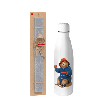 Αρκουδάκι Πάντινγκτον, Easter Set, metallic stainless thermos bottle (500ml) & scented flat Easter candle (30cm) (GRAY)