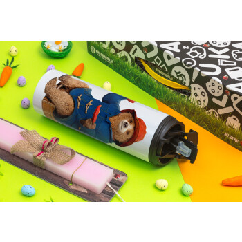 Αρκουδάκι Πάντινγκτον, Easter candle,Travel Tumbler 2 Lids, with metal straw & cleaning brush & aromatic flat candle (30cm) (PINK)