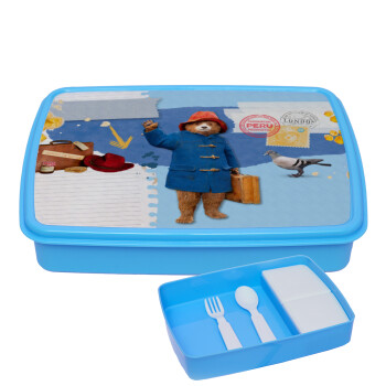Αρκουδάκι Πάντινγκτον, ΜΠΛΕ παιδικό δοχείο φαγητού (lunchbox) πλαστικό με παιδικά μαχαιροπίρουρα & 2 εσωτερικά δοχεία (BPA-FREE) Lunch Βox M23 x Π18 x Υ4cm