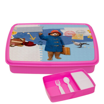 Αρκουδάκι Πάντινγκτον, ΡΟΖ παιδικό δοχείο φαγητού (lunchbox) πλαστικό με παιδικά μαχαιροπίρουρα & 2 εσωτερικά δοχεία (BPA-FREE) Lunch Βox M23 x Π18 x Υ4cm