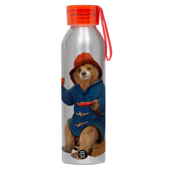 Αρκουδάκι Πάντινγκτον, Αλουμινένιο Αθλητικό Μπουκάλι 650ml – Ασημί με Κόκκινο Καπάκι και Λουράκι Σιλικόνης