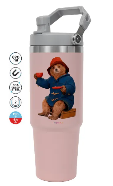 Αρκουδάκι Πάντινγκτον — ΡΟΖ Travel Tumbler Θερμός με χερούλι και καλαμάκι 890ml