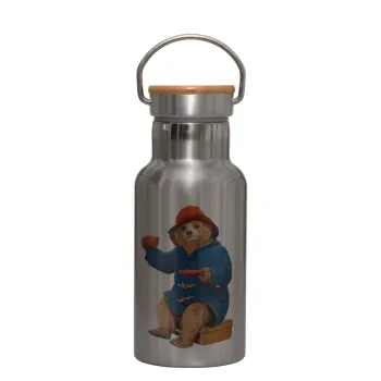 Αρκουδάκι Πάντινγκτον, Stainless steel metallic thermos flask, silver with a bamboo lid, double-walled, 350ml.