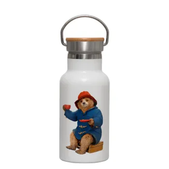 Αρκουδάκι Πάντινγκτον, Metallic thermos (Stainless steel) White with wooden lid (bamboo), double-walled, 350ml