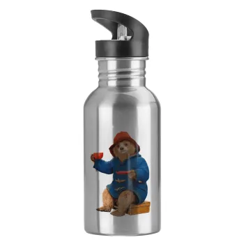 Αρκουδάκι Πάντινγκτον, Water bottle Silver with straw, stainless steel 600ml