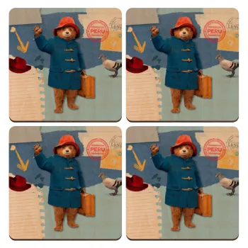 Αρκουδάκι Πάντινγκτον, ΣΕΤ x4 Σουβέρ ξύλινα τετράγωνα plywood (9cm)