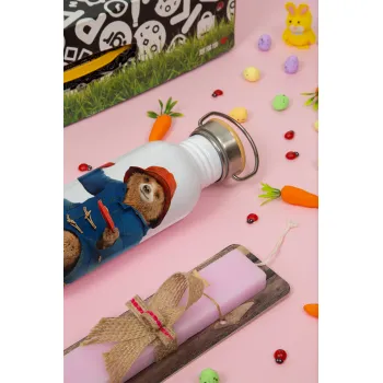 Αρκουδάκι Πάντινγκτον, Πασχαλινή Λαμπάδα με παγούρι μεταλλικό (620ml, stainless steel) & κερί αρωματικό πλακέ (30cm) (ΡΟΖ)