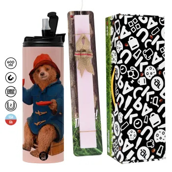 Αρκουδάκι Πάντινγκτον, Πασχαλινή Λαμπάδα με  ΡΟΖ Travel Tumbler θερμό (600ml, BPA free) & κερί αρωματικό πλακέ (30cm) (ΡΟΖ)