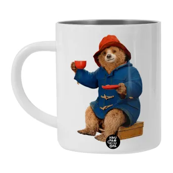 Αρκουδάκι Πάντινγκτον, Λευκή Ανοξείδωτη Μεταλλική Κούπα 450ml - Διπλού Τοιχώματος 