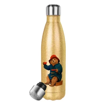 Αρκουδάκι Πάντινγκτον, Glitter gold stainless steel thermos bottle, double-walled, 500ml
