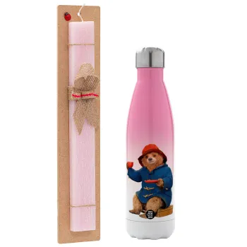 Αρκουδάκι Πάντινγκτον, Easter Set, Metallic pink/white (Stainless steel) thermos, double-walled, 500ml & aromatic flat Easter candle (30cm) (PINK)