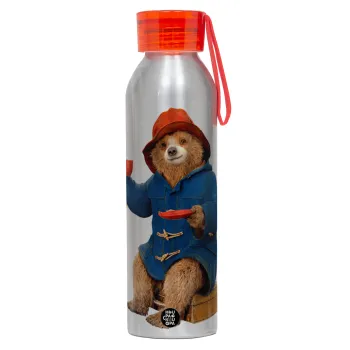 Αρκουδάκι Πάντινγκτον, Αλουμινένιο Αθλητικό Μπουκάλι 650ml – Ασημί με Κόκκινο Καπάκι και Λουράκι Σιλικόνης