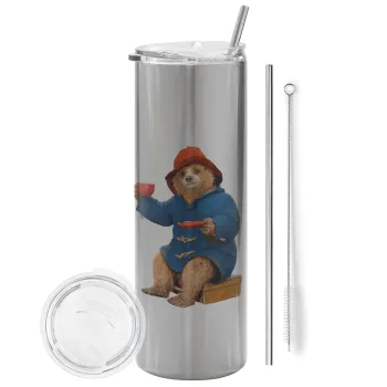 Αρκουδάκι Πάντινγκτον, Tumbler ποτήρι θερμό Ασημένιο από ανοξείδωτο ατσάλι 600ml, με μεταλλικό καλαμάκι & βούρτσα καθαρισμού