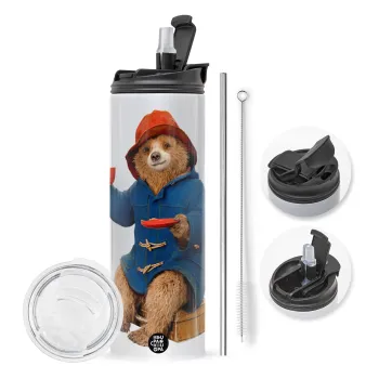 Αρκουδάκι Πάντινγκτον, Travel Tumbler θερμό με διπλό καπάκι, μεταλλικό καλαμάκι και βούρτσα καθαρισμού (Ανωξείδωτο 304 Food grade, BPA free, 600ml)