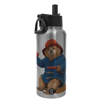 Αρκουδάκι Πάντινγκτον, Metal mug thermo Silver with Straw and Spout Lid (Stainless steel), double wall, 950ml