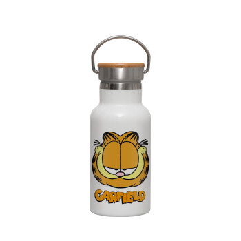 Garfield, Μεταλλικό παγούρι θερμός (Stainless steel) Λευκό με ξύλινο καπακι (bamboo), διπλού τοιχώματος, 350ml