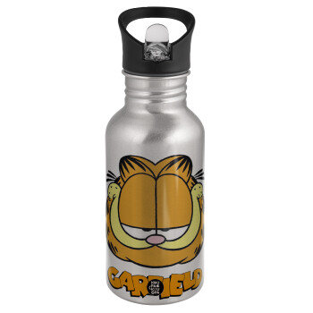 Garfield, Water bottle Silver with straw, stainless steel 500ml
