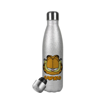 Garfield, Μεταλλικό παγούρι θερμός Glitter Aσημένιο (Stainless steel), διπλού τοιχώματος, 500ml