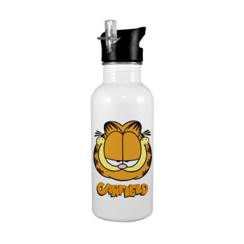 Garfield, White water bottle with straw, stainless steel 600ml
