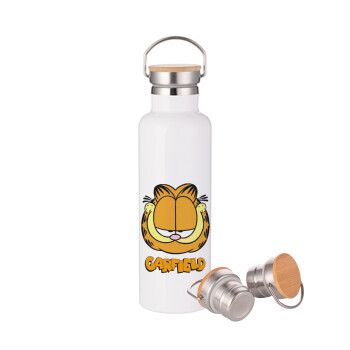 Garfield, Μεταλλικό παγούρι θερμός (Stainless steel) Λευκό με ξύλινο καπακι (bamboo), διπλού τοιχώματος, 750ml