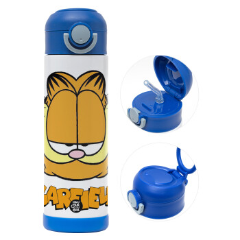 Garfield, Children's hot water bottle, stainless steel, with safety straw, BLUE (500ml)