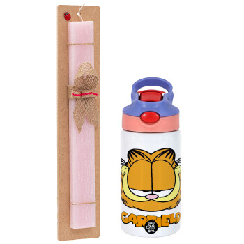 Garfield, Πασχαλινό Σετ, Παιδικό παγούρι θερμό, ανοξείδωτο, με καλαμάκι ασφαλείας, ροζ/μωβ (350ml) & πασχαλινή λαμπάδα αρωματική πλακέ (30cm) (ΡΟΖ)