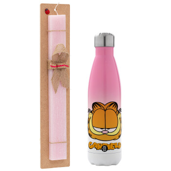 Garfield, Easter Set, Metallic pink/white (Stainless steel) thermos, double-walled, 500ml & aromatic flat Easter candle (30cm) (PINK)